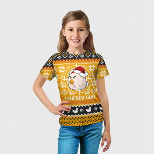Детская футболка 3D с принтом Chicken gun christmas sweater, вид сбоку #3