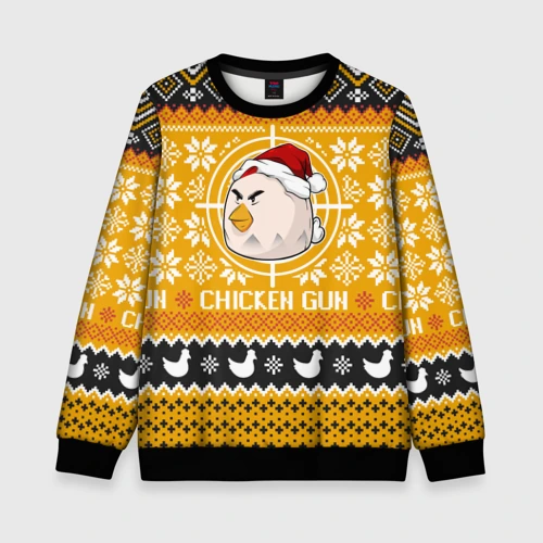 Детский свитшот 3D с принтом Chicken gun christmas sweater, вид спереди #2
