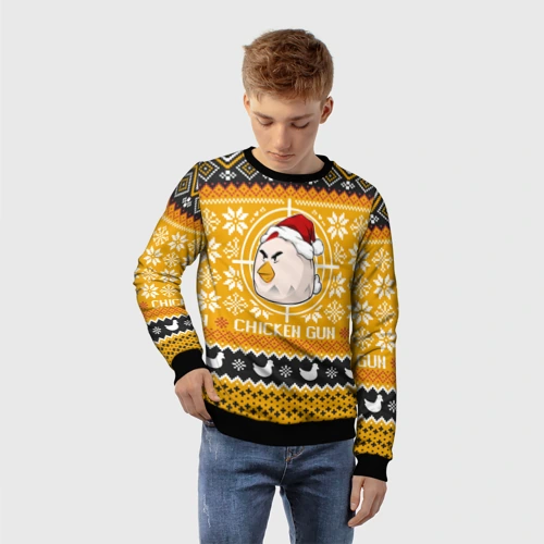 Детский свитшот 3D с принтом Chicken gun christmas sweater, фото на моделе #1