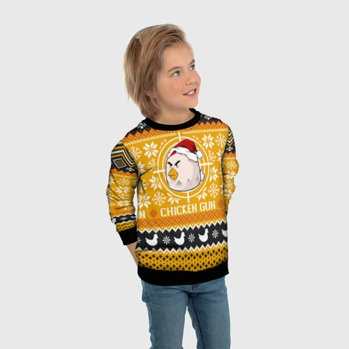 Детский свитшот 3D с принтом Chicken gun christmas sweater, вид сбоку #3