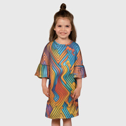 Платье с принтом Волнистые линии жёлтые и голубые для ребенка, вид на модели спереди №3. Цвет основы: белый