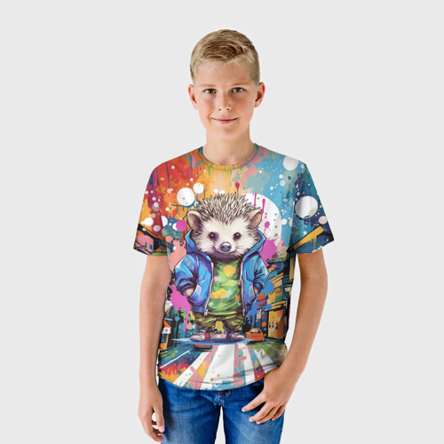 Детская футболка 3D с принтом Городской ёжик, фото на моделе #1