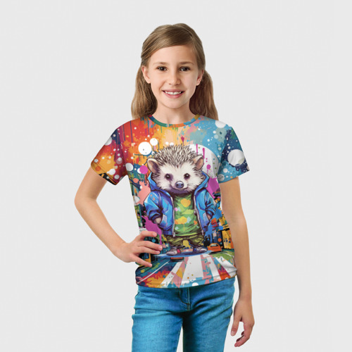 Детская футболка 3D с принтом Городской ёжик, вид сбоку #3