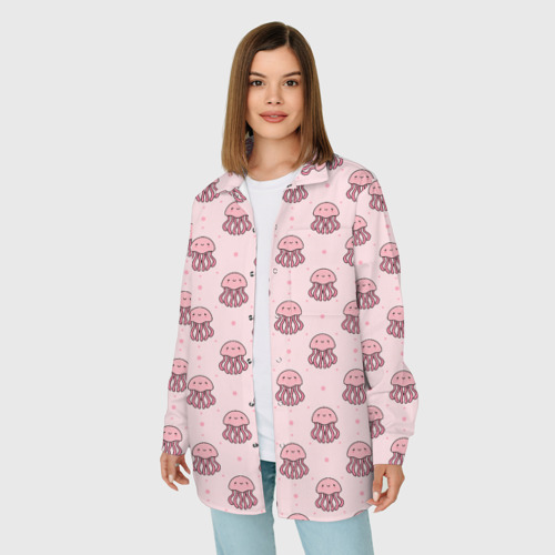 Женская рубашка oversize 3D с принтом Розовая медуза, фото на моделе #1