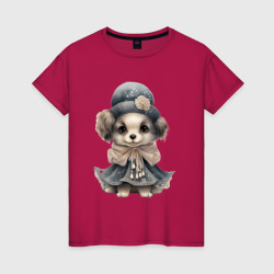 Женская футболка хлопок Милая собачка в акварельном стиле