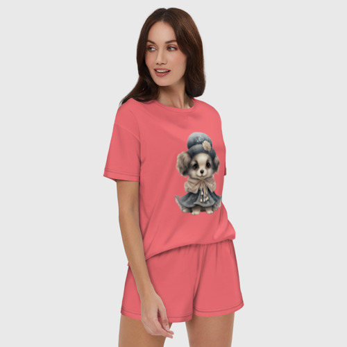 Женская пижама с шортиками хлопок с принтом Милая собачка в акварельном стиле, фото на моделе #1