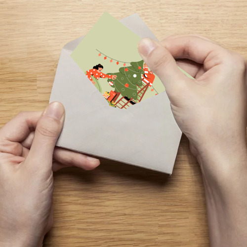 Поздравительная открытка Семья наряжает новогоднюю елку, цвет белый - фото 4