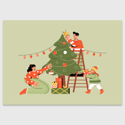 Поздравительная открытка Семья наряжает новогоднюю елку