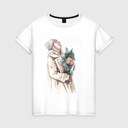 Женская футболка хлопок с принтом Девушка  на снегу, вид спереди #2