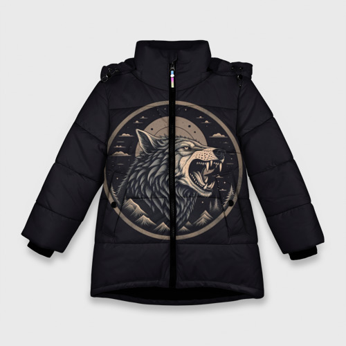 Зимняя куртка для девочек 3D с принтом Волк хищник, вид спереди #2