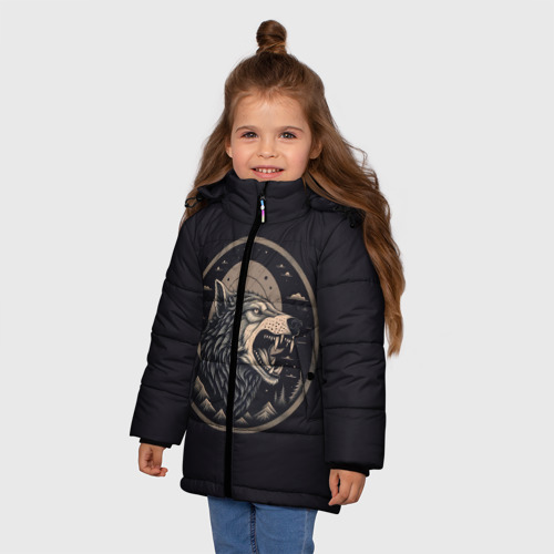 Зимняя куртка для девочек 3D с принтом Волк хищник, фото на моделе #1