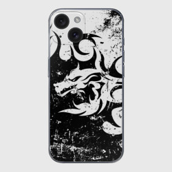 Чехол для iPhone 15 силиконовый с защитой камеры Черно белый дракон 2024