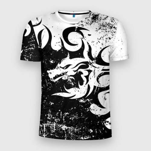 Мужская футболка 3D Slim с принтом Черно белый дракон 2024, вид спереди #2