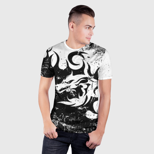 Мужская футболка 3D Slim с принтом Черно белый дракон 2024, фото на моделе #1