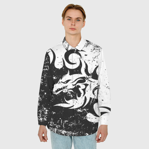 Мужская рубашка oversize 3D с принтом Черно белый дракон 2024, фото на моделе #1