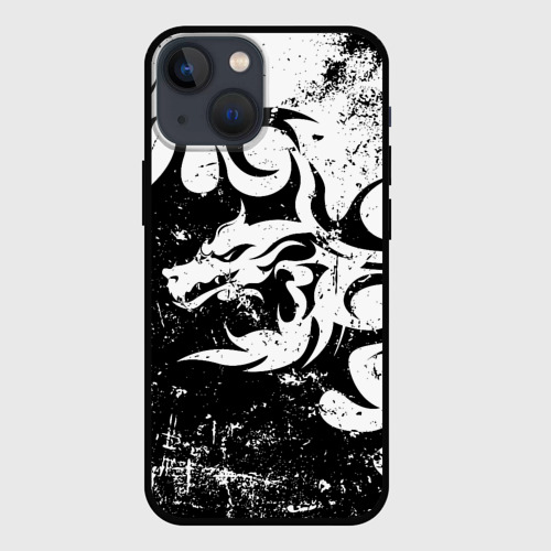 Чехол для iPhone 13 mini с принтом Черно белый дракон 2024, вид спереди #2