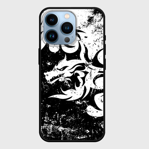 Чехол для iPhone 14 Pro с принтом Черно белый дракон 2024, вид спереди #2