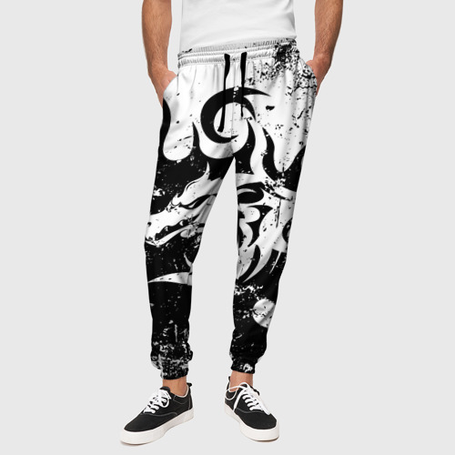 Мужские брюки 3D с принтом Черно белый дракон 2024, вид сбоку #3