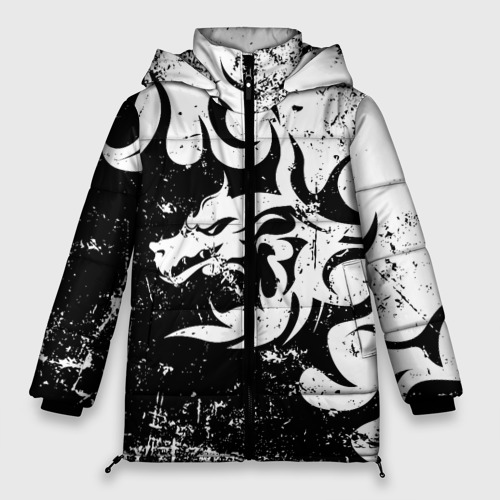 Женская зимняя куртка 3D с принтом Черно белый дракон 2024, вид спереди #2