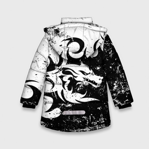 Зимняя куртка для девочек 3D с принтом Черно белый дракон 2024, вид сзади #1