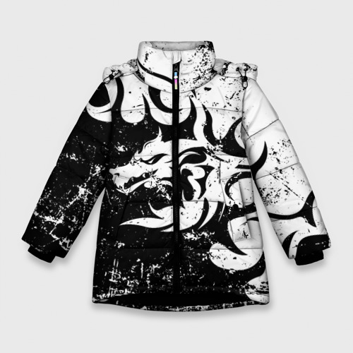 Зимняя куртка для девочек 3D с принтом Черно белый дракон 2024, вид спереди #2