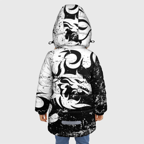 Зимняя куртка для девочек 3D с принтом Черно белый дракон 2024, вид сзади #2