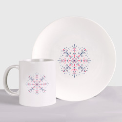 Набор: тарелка + кружка Красно черная снежинка по мотивам мезенской росписи