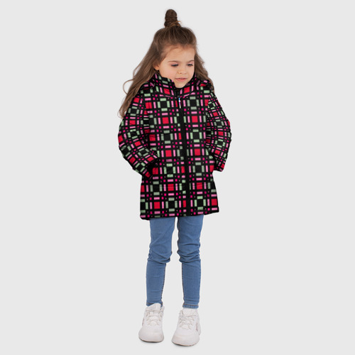 Зимняя куртка для девочек 3D с принтом Красно-черный зеленый геометрический узор, вид сбоку #3