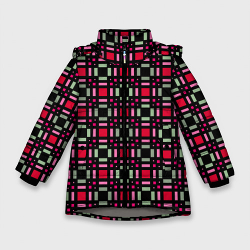 Зимняя куртка для девочек 3D с принтом Красно-черный зеленый геометрический узор, вид спереди #2