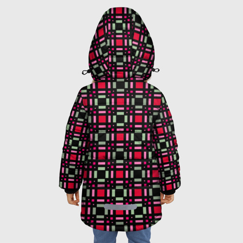Зимняя куртка для девочек 3D с принтом Красно-черный зеленый геометрический узор, вид сзади #2