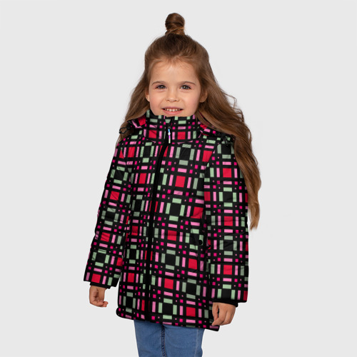 Зимняя куртка для девочек 3D с принтом Красно-черный зеленый геометрический узор, фото на моделе #1