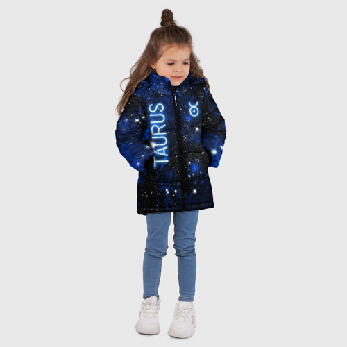 Зимняя куртка для девочек 3D с принтом Телец - знак зодиака на тёмном фоне, вид сбоку #3