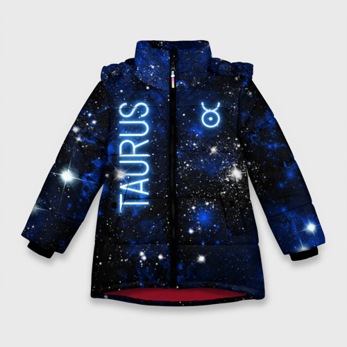 Зимняя куртка для девочек 3D с принтом Телец - знак зодиака на тёмном фоне, вид спереди #2