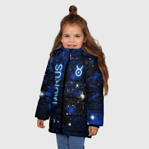 Зимняя куртка для девочек 3D с принтом Телец - знак зодиака на тёмном фоне, фото на моделе #1