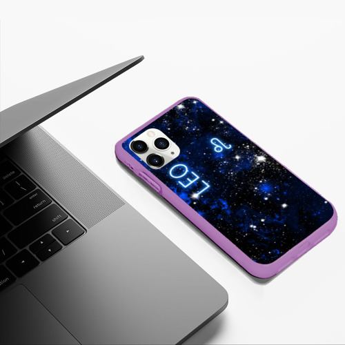 Чехол для iPhone 11 Pro Max матовый Лев - знак зодиака на тёмном фоне, цвет фиолетовый - фото 5