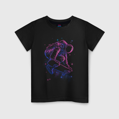 Детская футболка хлопок Космонавт в космосе на скейтборде, цвет черный