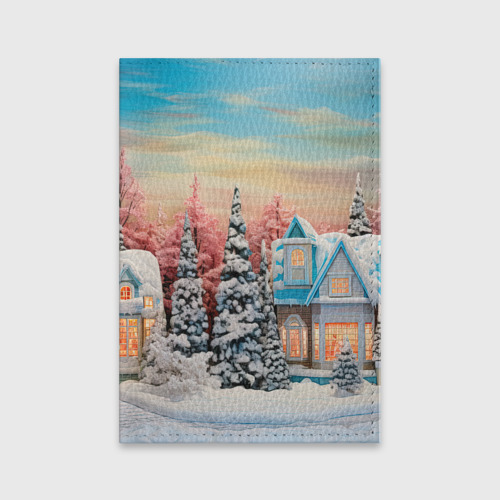 Обложка для паспорта матовая кожа Новогодние снежные  домики, цвет голубой