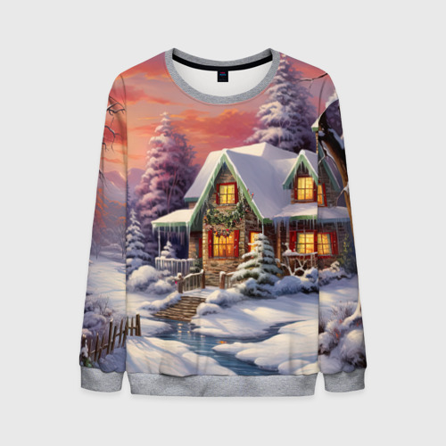 Мужской свитшот 3D Новогодний  снежный дом, цвет меланж