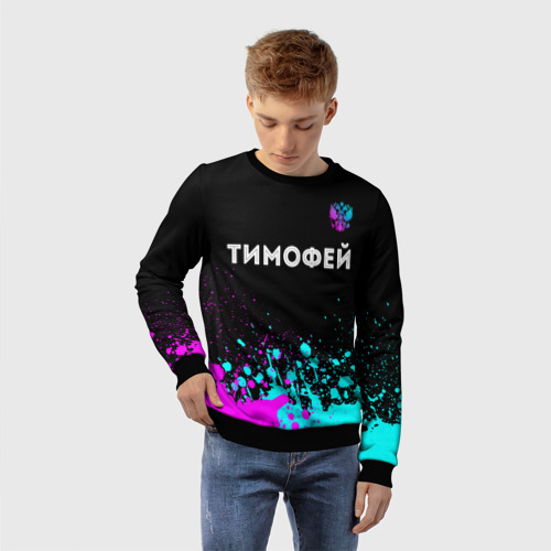Детский свитшот 3D Тимофей и неоновый герб России посередине, цвет 3D печать - фото 3