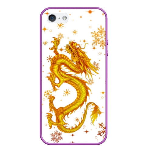 Чехол для iPhone 5/5S матовый Золотой дракон в снежинках, цвет фиолетовый