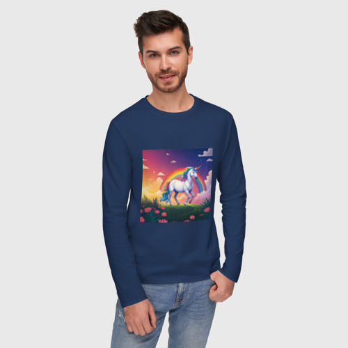 Мужской лонгслив хлопок с принтом Единорог гуляет по лугу на фоне радуги, фото на моделе #1