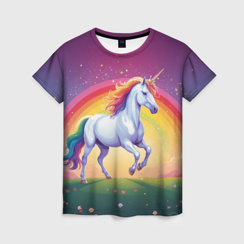 Женская футболка 3D с принтом Единорог скачет по лугу на фоне радуги, вид спереди #2
