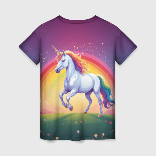 Женская футболка 3D с принтом Единорог скачет по лугу на фоне радуги, вид сзади #1