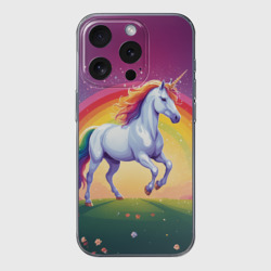 Чехол для iPhone 15 Pro силиконовый с защитой камеры Единорог скачет по лугу на фоне радуги