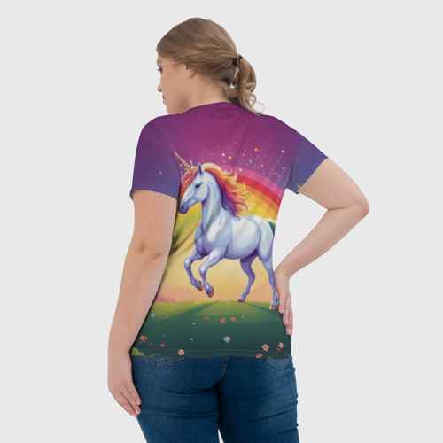 Женская футболка 3D с принтом Единорог скачет по лугу на фоне радуги, вид сзади #2