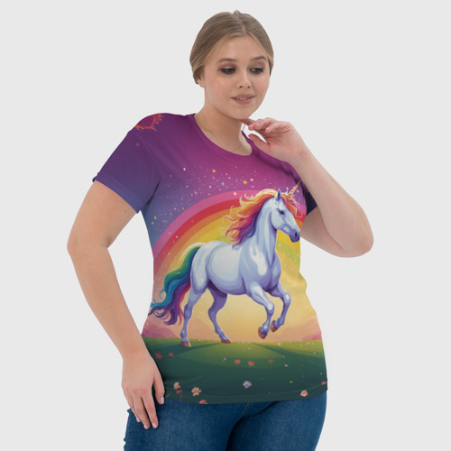 Женская футболка 3D с принтом Единорог скачет по лугу на фоне радуги, фото #4