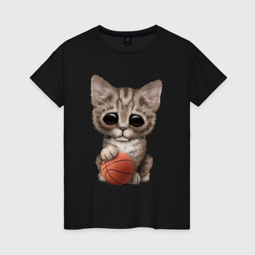 Женская футболка хлопок Котик баскетболист, цвет черный