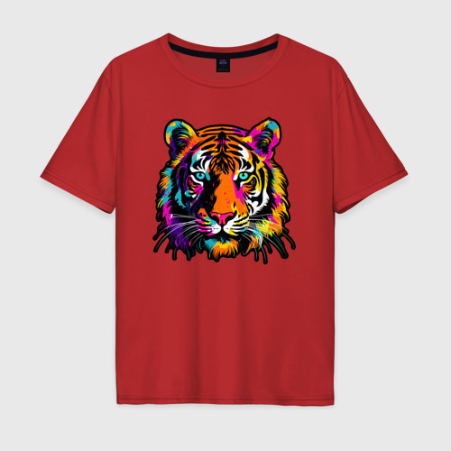 Мужская футболка хлопок Oversize с принтом Голова тигра в цвете, вид спереди #2