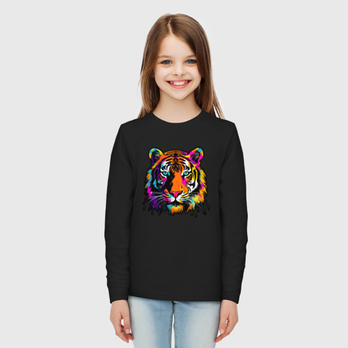 Детский лонгслив хлопок с принтом Голова тигра в цвете, вид сбоку #3