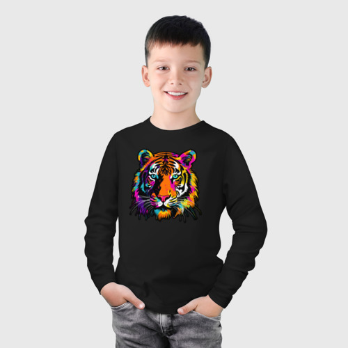 Детский лонгслив хлопок с принтом Голова тигра в цвете, фото на моделе #1